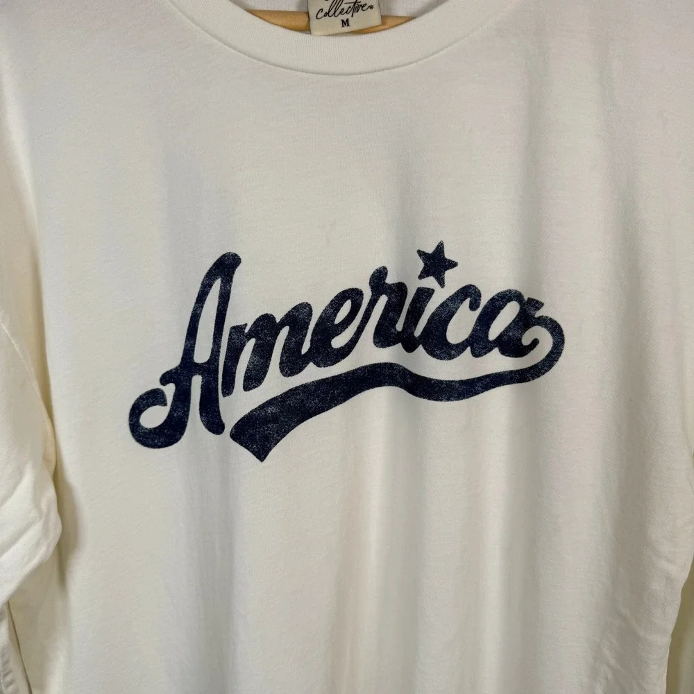 Oat Collective Womens America Graphic Long Sleeve Tee Cream Navy Blue Size M - Picture 2 of 9
